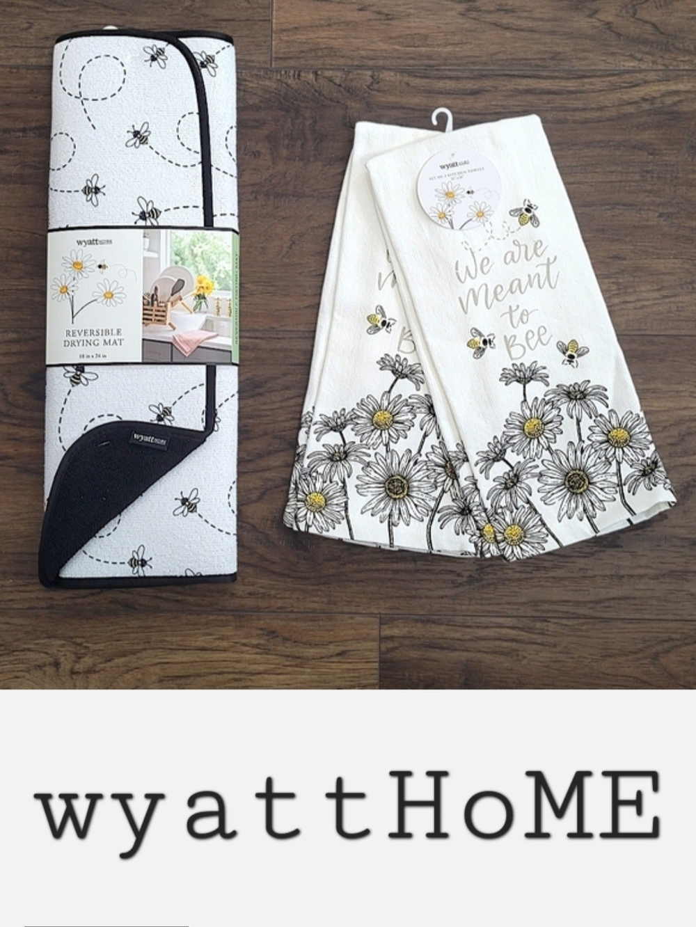 White & Black Bee Floral Kitchen Towels and Reversible Drying Mat